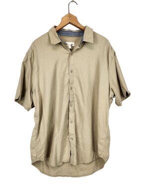 Mens Linen Collared Button Up Shirt Mens L Brown Short Sleeves Fundamental Coast